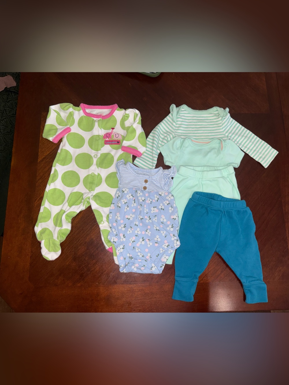 Carter's Girls Bundle Green Polka Dot One-Piece with Pink Trim & Aqua Mix